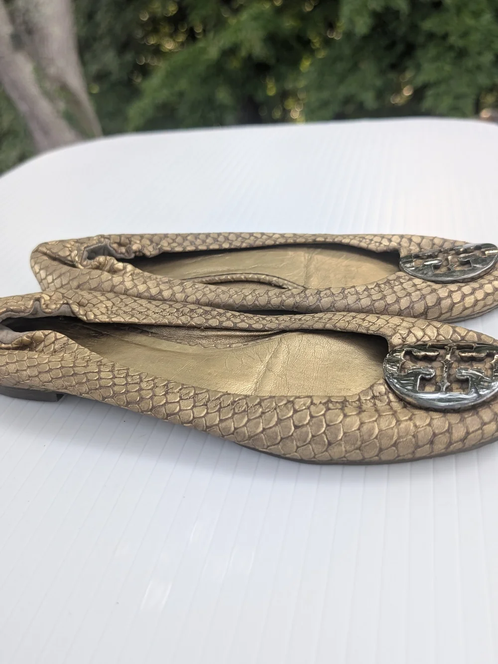 Tory Burch Reva Metallic Bronze Snake-Embossed Ballet Flats with Logo